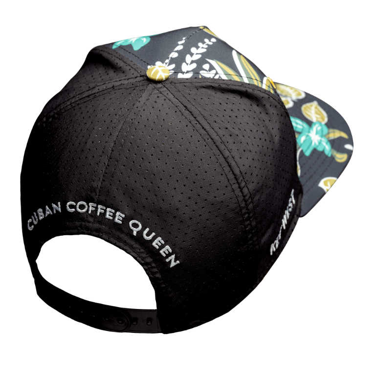 Gold Crown on black and teal floral flat brim hat (back)