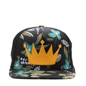 Gold Crown on black and teal floral flat brim hat