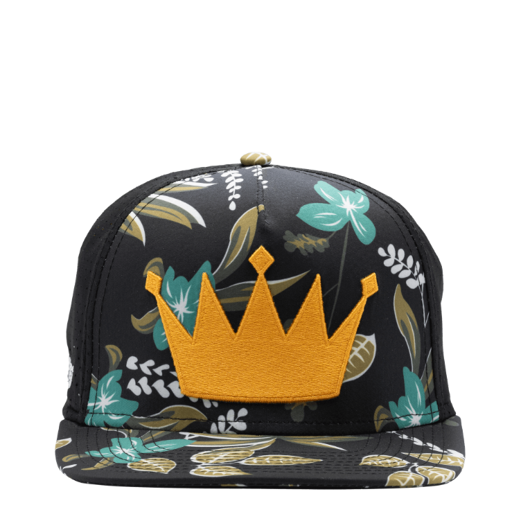 Gold Crown on black and teal floral flat brim hat