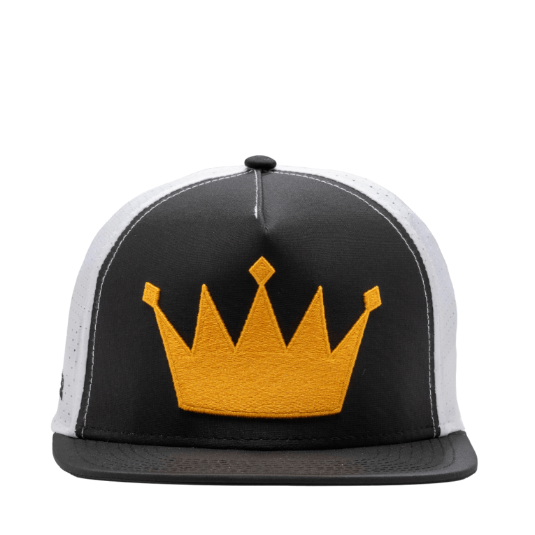 Gold Crown on black and white flat brim hat